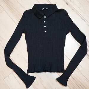 Zara Black Ribbed Polo Collar Long Sleeve Crop Top Coquette S